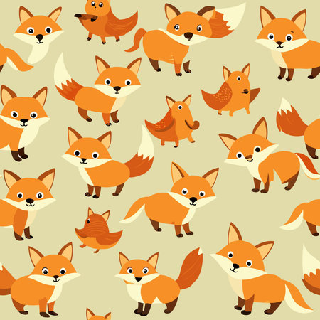 Seamlessly Patterned Adorable Foxes Frolicking on a Light Background