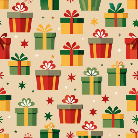 Seamless New Year's Pattern with Holiday Gifts Nestled on a Neutral Background