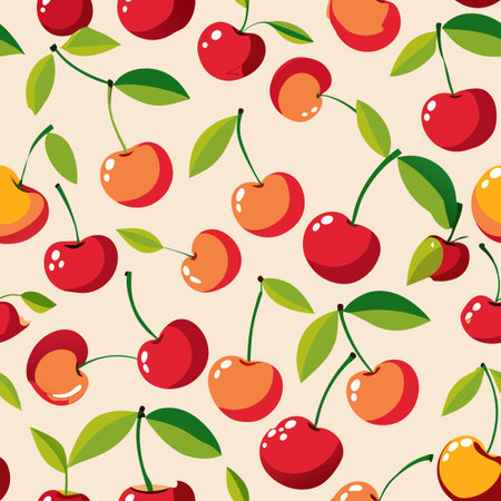 Vibrant Seamless Pattern of Colorful Cherries Adorning a Light Background