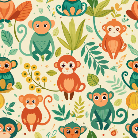 Vibrant Seamless Pattern Featuring Colorful Monkeys Amidst Tropical Foliageのイラスト素材