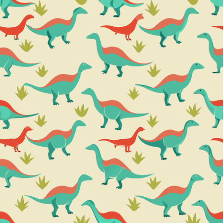 Seamless Pattern of Colorful Dinosaurs Roaming a Light-Colored Landscapeのイラスト素材