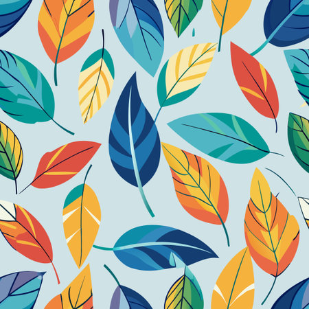 Vibrant and Colorful Seamless Leaf Patterns on Light Blue Backgroundのイラスト素材