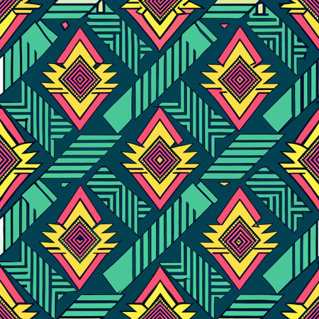 Vibrant Seamless Pattern of Lines and Geometric Shapes in Red, Blue, and Green