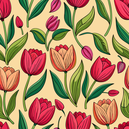 Hand-Drawn Decorative Tulip Pattern for Seamless Eleganceのイラスト素材