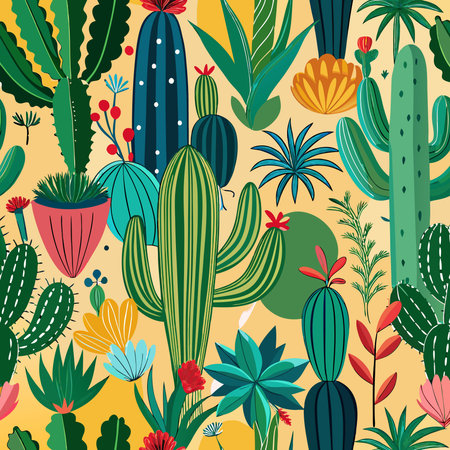Vibrant Seamless Pattern Featuring Cacti and Lush Tropical Foliage