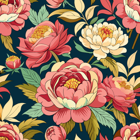 Enchanting Seamless Pattern Featuring Elegant Peony Flowers in Vector Formatのイラスト素材