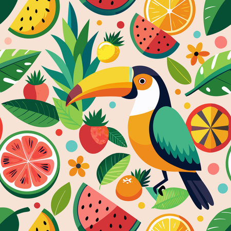 Seamless Tropical Paradise Pattern with Vibrant Toucans and Summer Fruits