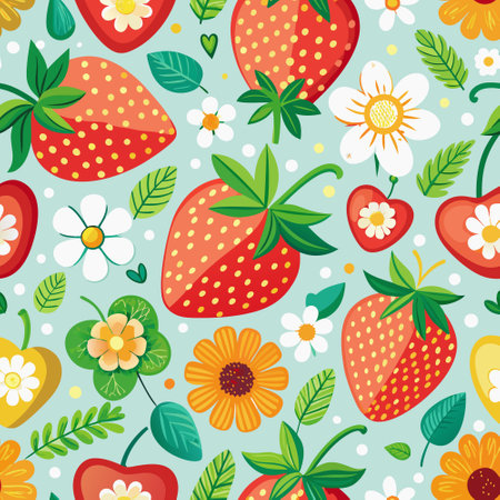 Vibrant Seamless Strawberry Pattern with Assorted Colorful Fruitsのイラスト素材