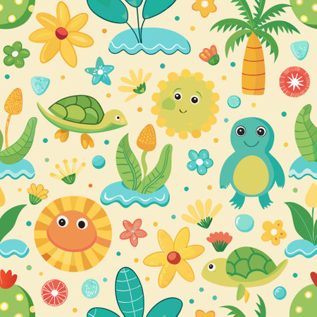 Seamless Pattern of Childish Turtles on a Vibrant Spring Summer Backgroundのイラスト素材