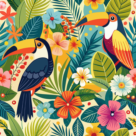 Seamless Summer Pattern Featuring Toucans and Tropical Flowersのイラスト素材