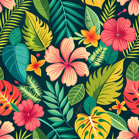 Seamless Summer Tropical Paradise with Vibrant Hibiscus Flowersのイラスト素材