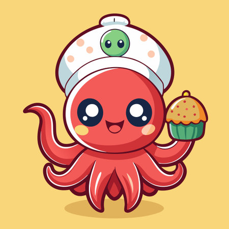 Adorable Cartoon Octopus Holding a Takoyaki Treat as Logo Designのイラスト素材