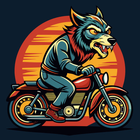 Vibrant Vintage Biker Emblem Featuring a Majestic Wolf on Motorcycleのイラスト素材