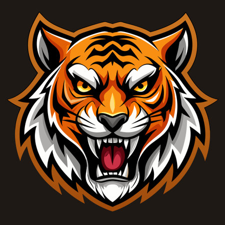Ferocious Tiger Face Pictorial Mark Logo Illustration with Glaring Expression and Sharp Teethのイラスト素材