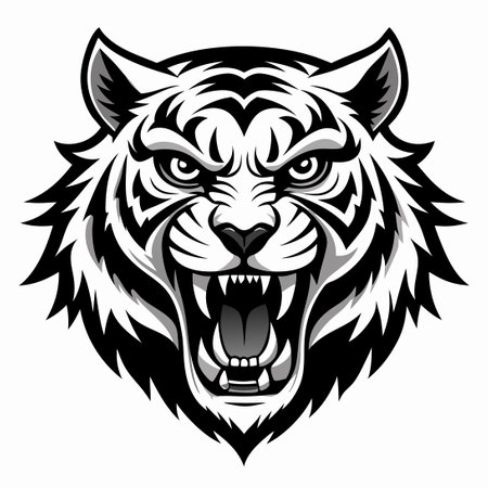 Black and White SVG of Tiger's Angry Eyes with Sharp Teethのイラスト素材