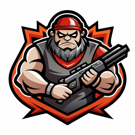 Overweight Mascot Man Holding Gun in Logo Designのイラスト素材