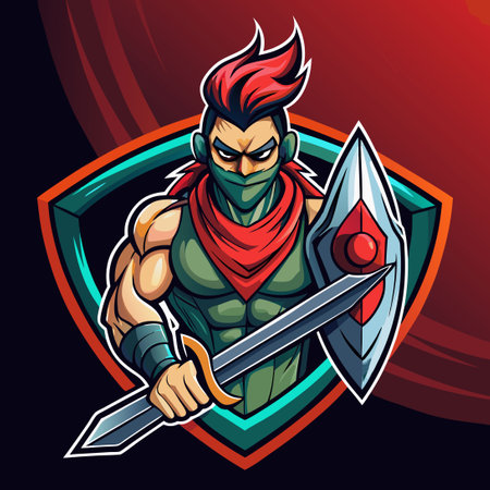 Mighty Fighter Mascot Character with Sword and Shield Ready for Battleのイラスト素材