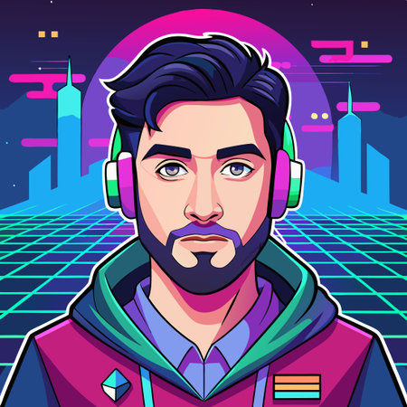 Gamer Portrait with Glitch Effects Amidst Virtual Backgroundのイラスト素材