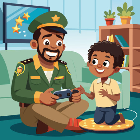 Devoted African American Military Father Warmly Embracing His Daughterのイラスト素材