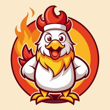 Fiery Cute Chicken Mascot Igniting with Laughterのイラスト素材