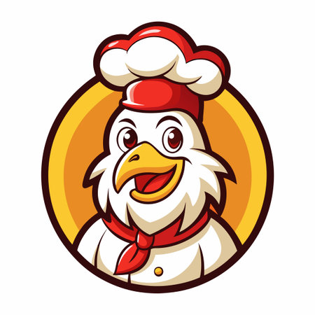 Cheerful Rooster Chef Mascot Holding a Basket of Crispy Fried Chickenのイラスト素材