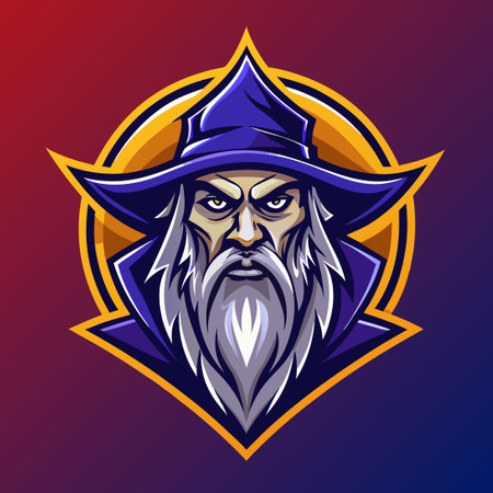 Enchanting Wizard Mascot Logo Illustration in Vector Format, Featuring Sharp Lines and Bold Colorsのイラスト素材