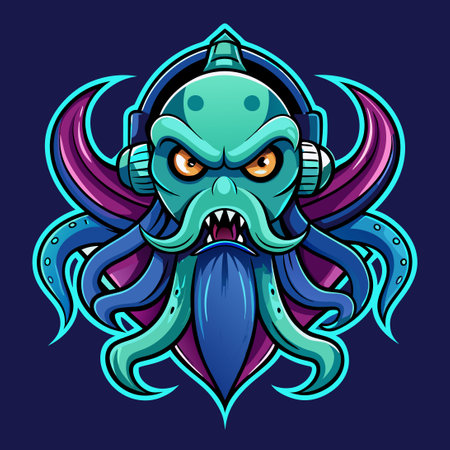 Kraken Esports Mascot Logo with Fierce Tentacles and Glowing Eyesのイラスト素材