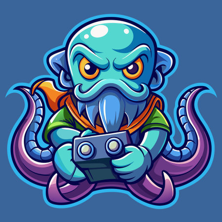 Playful Kraken Mascot Embracing Video Game Joystick for Gaming Logo Designのイラスト素材
