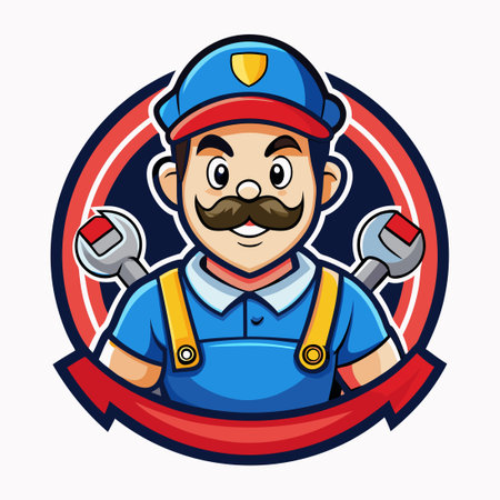 Mechanic Mascot Cartoon Logo with a Wrench and Hard Hatのイラスト素材