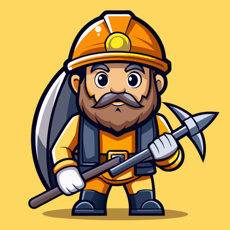 Muscular Miner Mascot Logo Grasping a Metallic Pickaxe with Determinationのイラスト素材