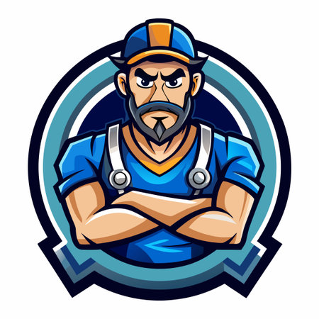 Muscular Mechanic Mascot Logo with Wrench and Confident Poseのイラスト素材