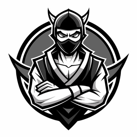 Detailed Black and White Vector Logo Featuring a Ninja Warrior Mascotのイラスト素材