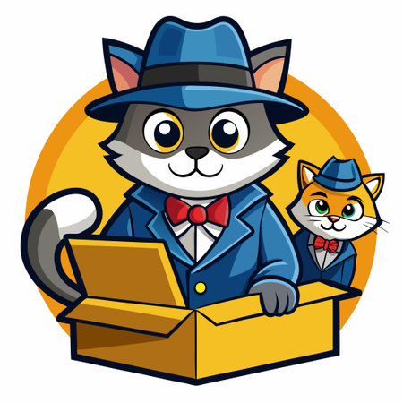 Intriguing Mascot Logo Featuring a Curious Cat in a Box with a Detective's Hatのイラスト素材