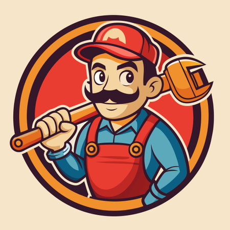 Friendly Plumber Mascot with Pipe Wrench for Plumbing Servicesのイラスト素材