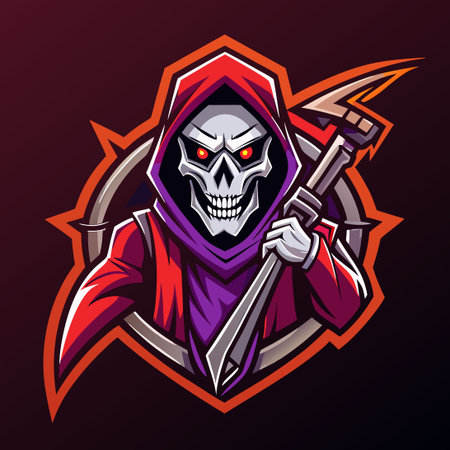 Grim Reaper Skull Mascot Logo with Colossal Weapon in Emblematic Poseのイラスト素材