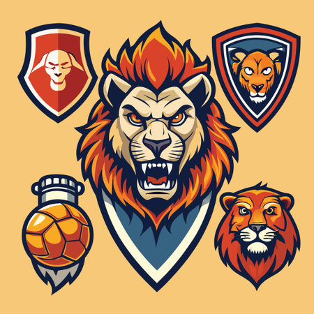 Vintage Retro Hand-Drawn Set of Majestic Lion Sports Mascotsのイラスト素材