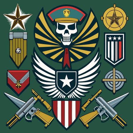 Diverse Collection of Military Emblems, Stripes, and Badges in Various Designsのイラスト素材
