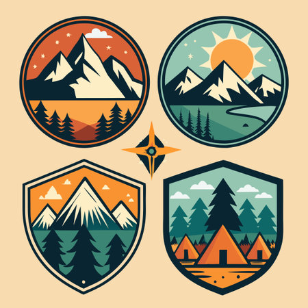 Diverse Collection of Vector Adventure and Outdoor Recreation Logos Featuring Mountainous Landscapesのイラスト素材