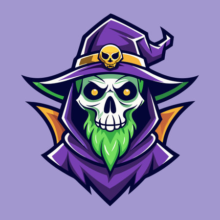 Spooky Skeleton Witch Mascot with Skull and Wizard Hatのイラスト素材