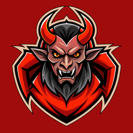 Son of the Devil: Fiery Skull Mascot Logo with Horns and Red Eyesのイラスト素材