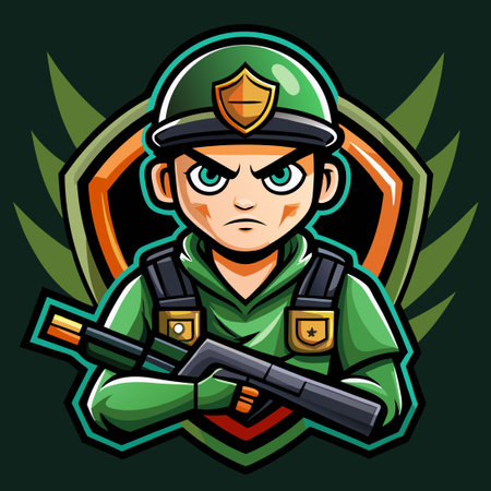 Cartoonified Soldier Mascot Design for Esports Game Featuring a Determined Expressionのイラスト素材