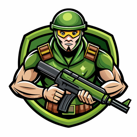 Cartoon Mascot of a Soldier Holding Weapon in Army Uniformのイラスト素材