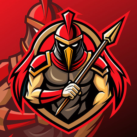 Spartan eSport Gaming Mascot: Determined Warrior with Spear and Shieldのイラスト素材