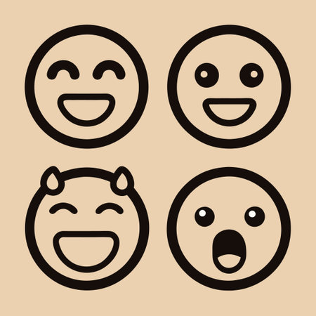 Black Outline Emoticon Set Isolated on Beige Backgroundのイラスト素材