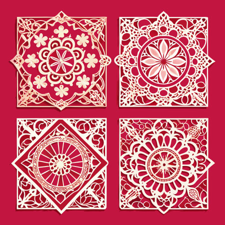 Delicate Laser Cut Square Invitation Cards Adorned with Intricate Heart Lace Patternsのイラスト素材