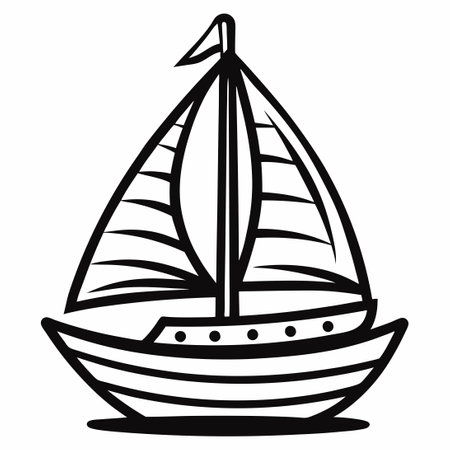 Hand-Drawn Black and White Cartoon Sailboat in Motionのイラスト素材