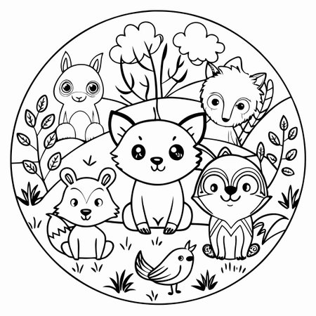 Fun-Filled Forest Friends Coloring Page for Kids with Circle Shapesのイラスト素材