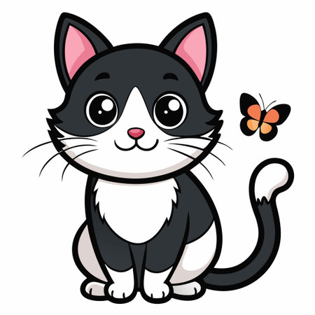 Cute Black Cat with a Butterfly Perched on its Noseのイラスト素材