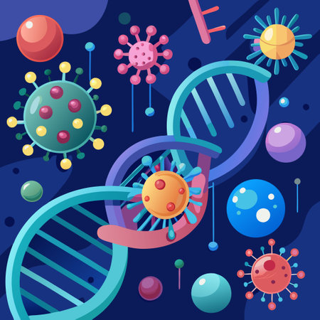 3D Medical Background with Virus Cells and DNA Structure Visualizationのイラスト素材