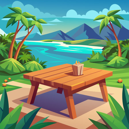 Gaze Out from a Wooden Table onto a Tropical Paradiseのイラスト素材